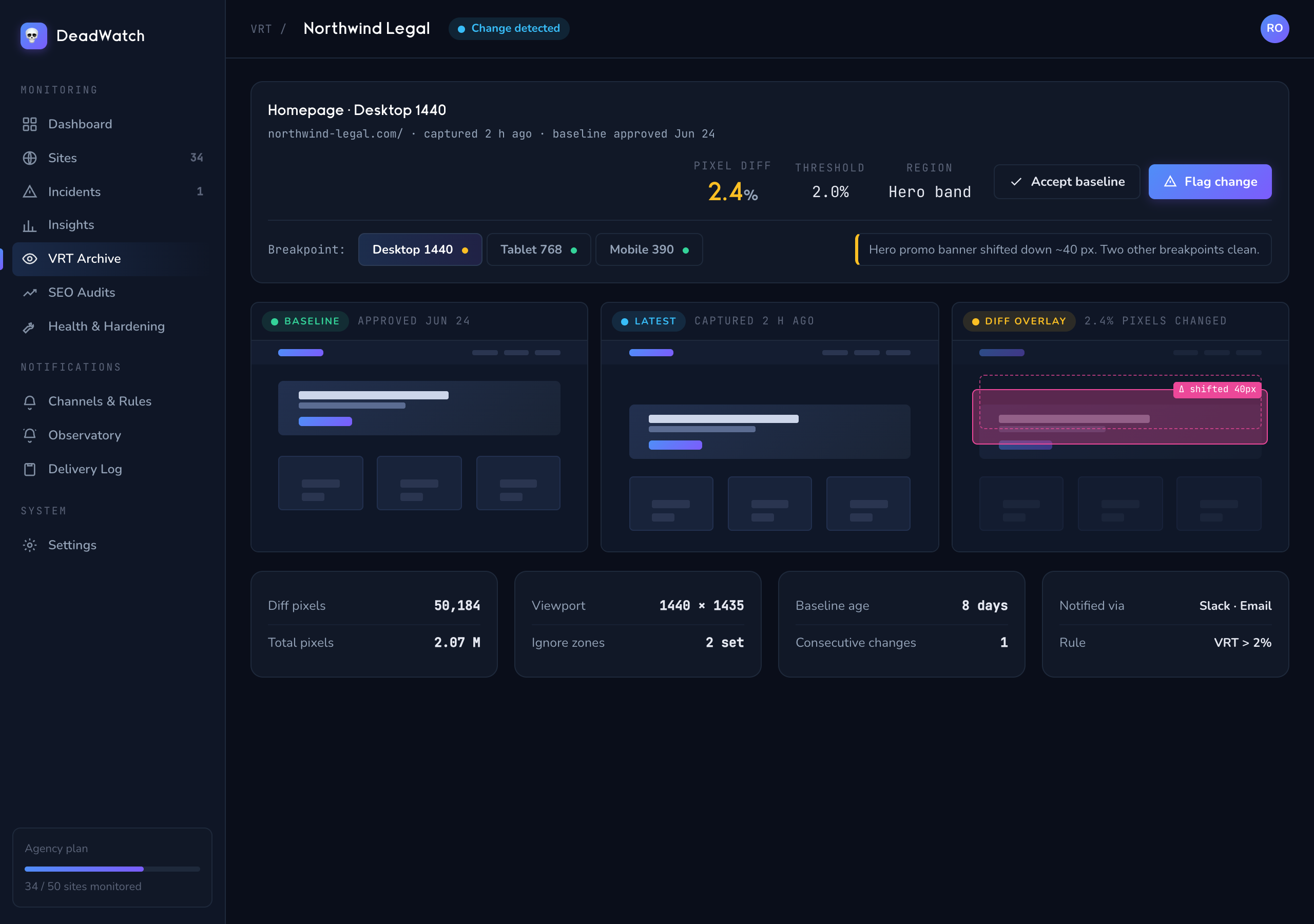 DeadWatch visual regression view showing baseline, latest capture and diff overlay